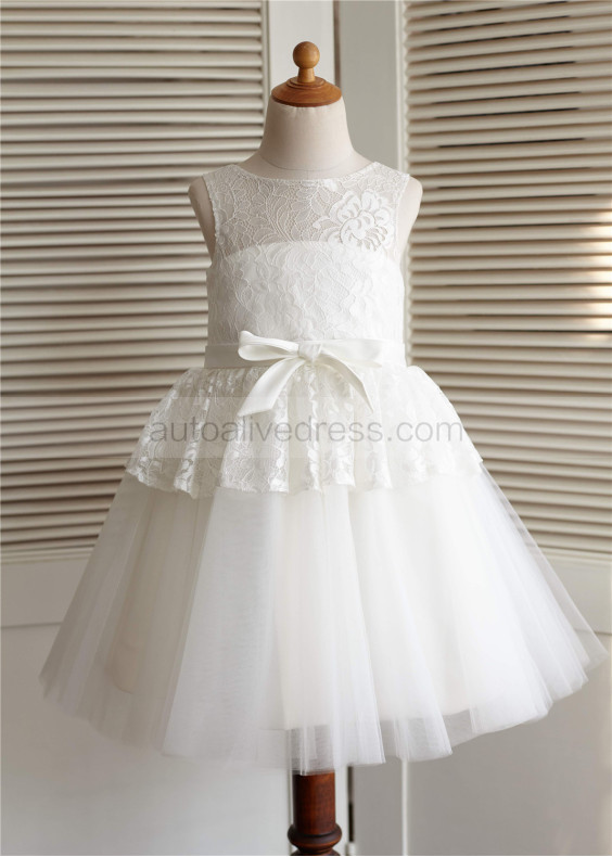 Ivory Lace Tulle Slit Open Back Knee Length Flower Girl Dress 